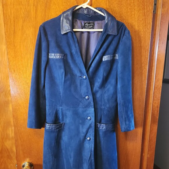 Women's Medium Beged-Or Blue Suede Leather Full Length Coat Made In Israel - Picture 1 of 14